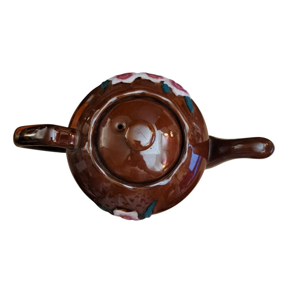 Vintage Brown Floral Ceramic Teapot Made in Japan Raised Flower Design - Picture 5 of 9